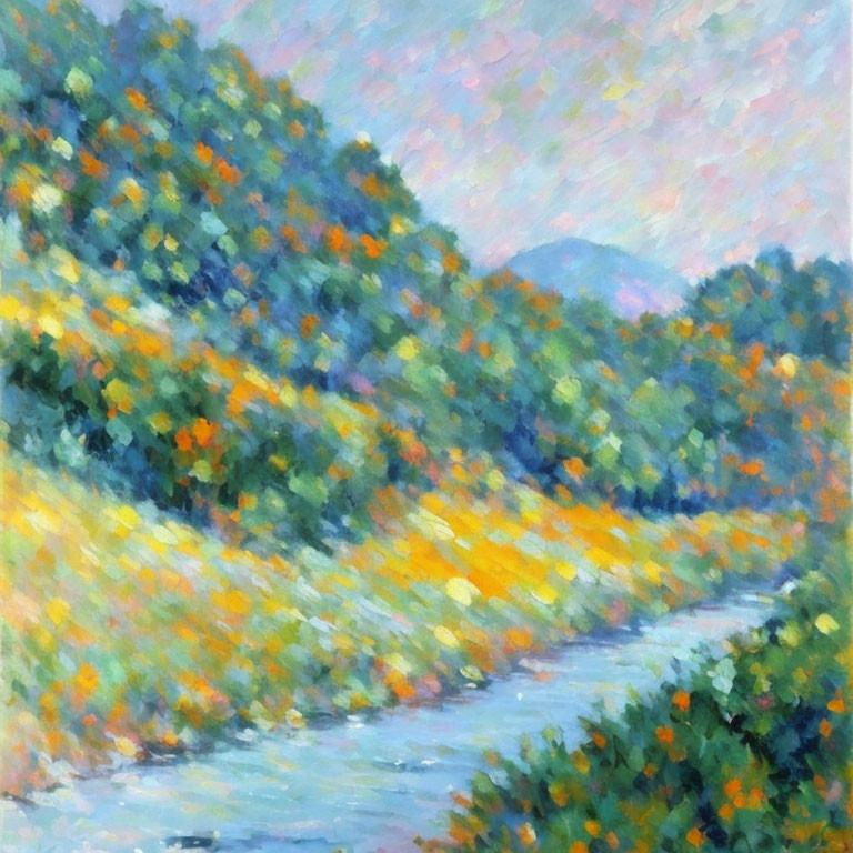 Vibrant flower-lined riverbank with hazy mountain.