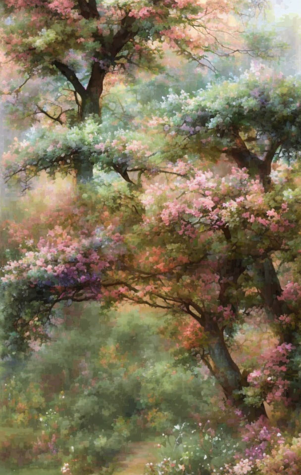 Tranquil forest painting with pink and green blooming trees