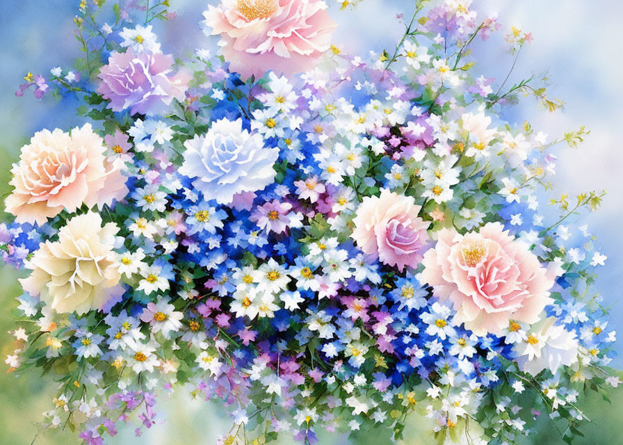 Colorful floral painting with pink, white, and blue blossoms on a soft, blurry background