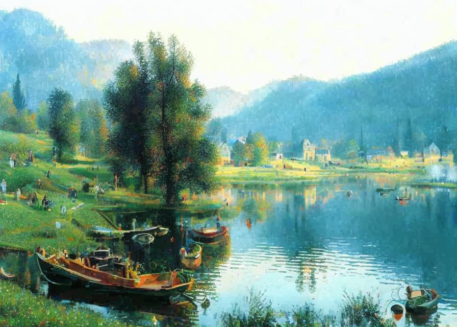 Tranquil landscape painting of serene lake with boats and lush greenery.