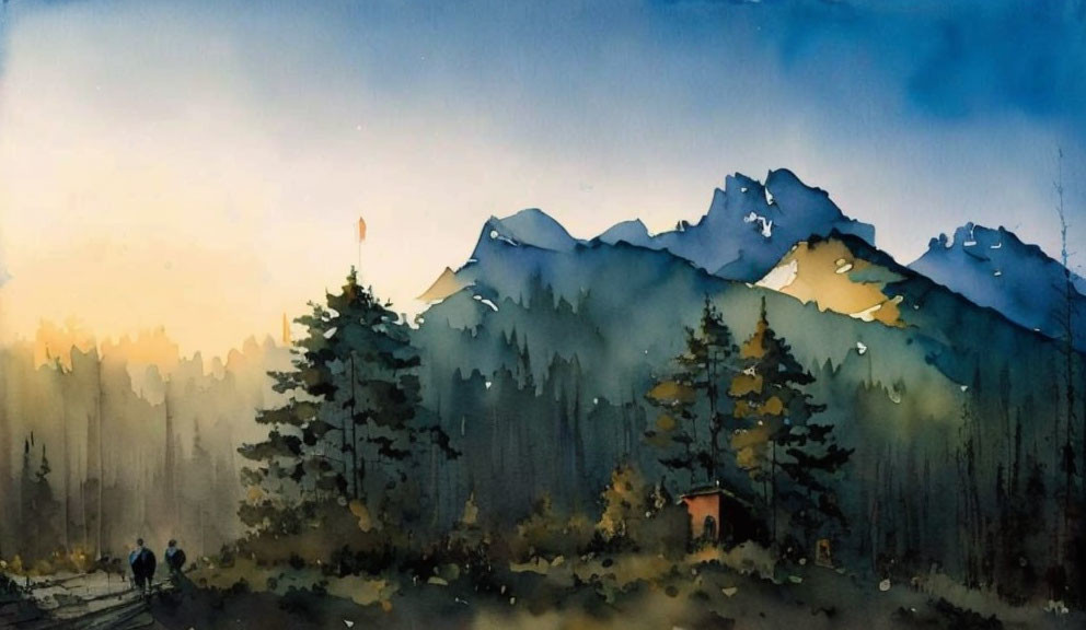 Mountain landscape watercolor painting with dusk sky, tree silhouettes, walking figures, and cabin.