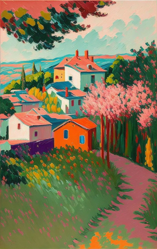 Vibrant Coastal Village Painting with Blooming Trees and Path