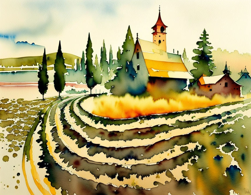 Rural watercolor painting: church, houses, plowed fields, cypress trees