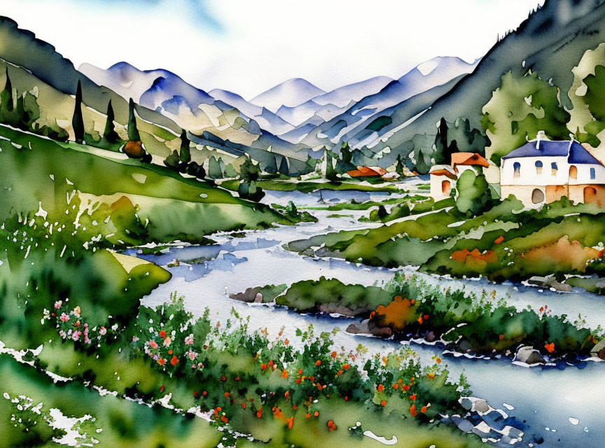 Serene valley with river, houses, mountains, and flowers