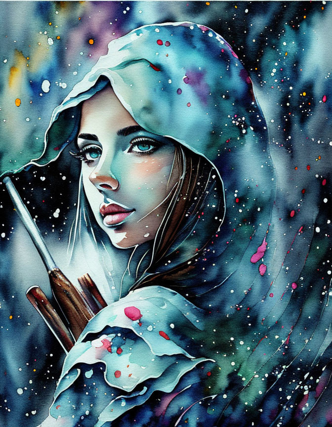 Vibrant watercolor painting of woman in colorful hood under starry sky