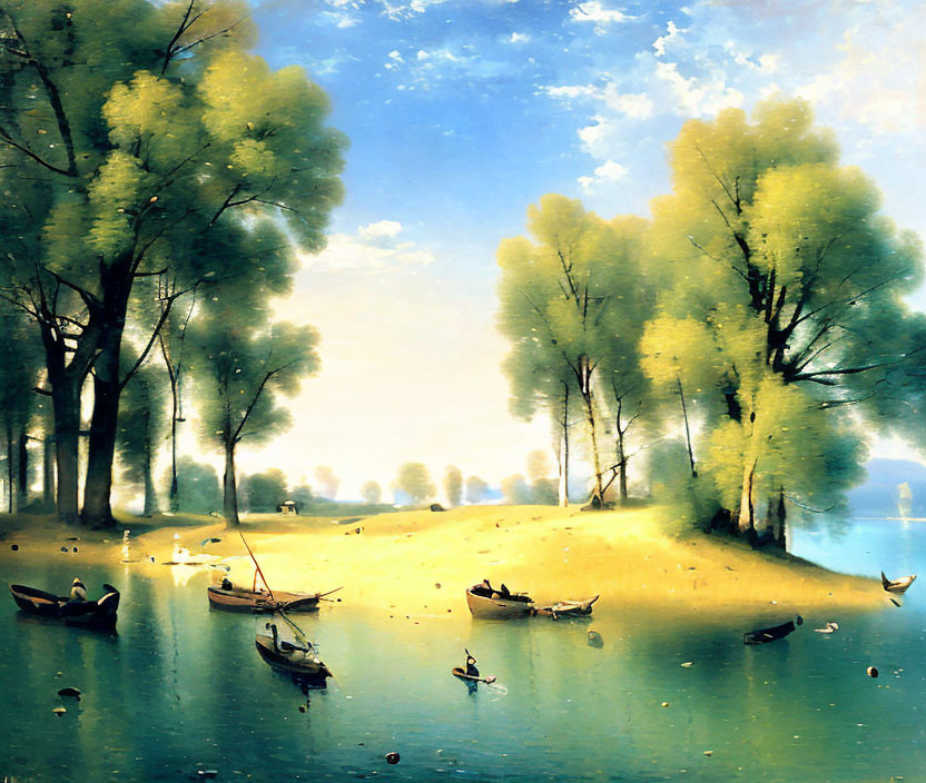 Boats and Trees Reflecting on Tranquil Lakeside Scene