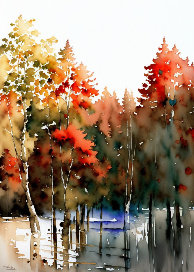 Autumnal forest watercolor: vibrant red and yellow trees by lake with white birches.