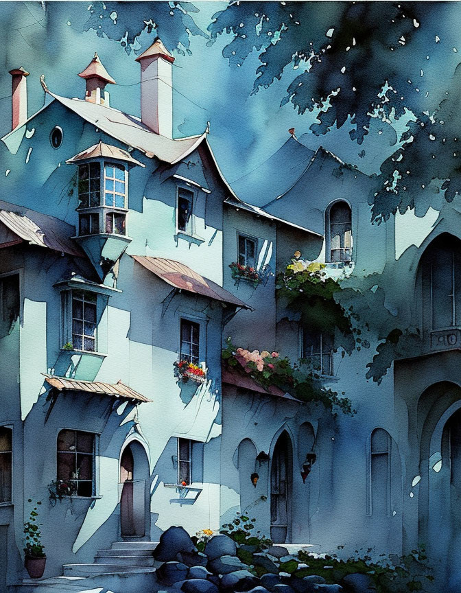 Charming Multi-Story House Watercolor Painting with Blue Walls