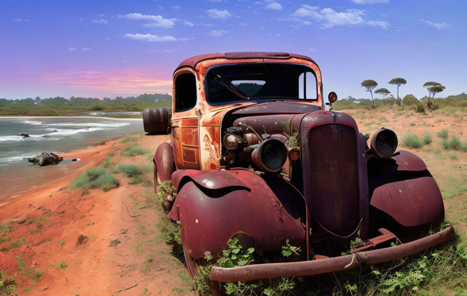 Abandoned rusty truck in scenic field with baobab trees and riverbank under blue sky