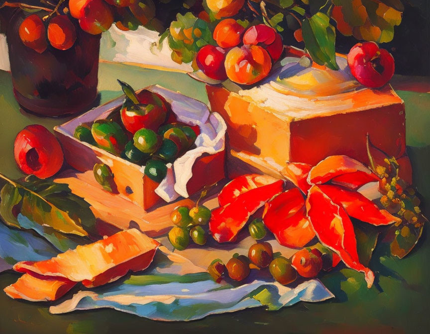 Colorful still life painting with fruits, orange slices, berries, and greenery on draped cloth