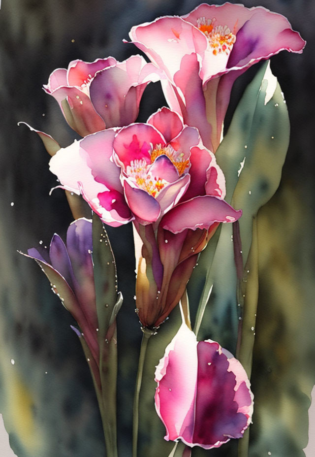 Vibrant pink flowers with delicate petals and yellow stamens in watercolor art