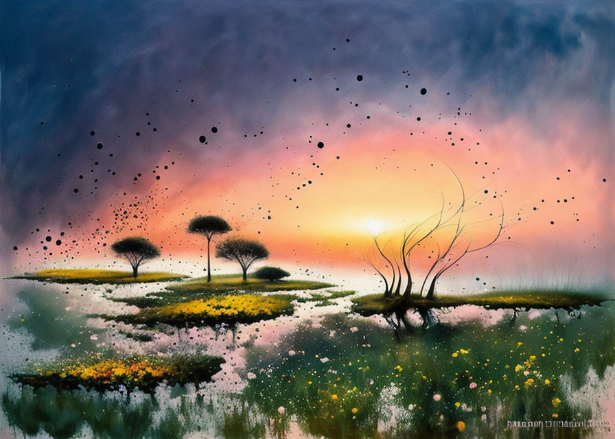 Colorful Sunset Painting with Silhouetted Trees and Flowers