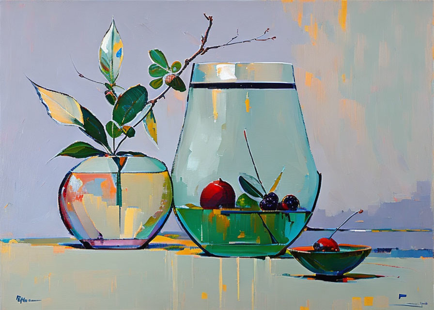 Vibrant Still Life Painting with Bowl, Fruit, Vase, and Foliage