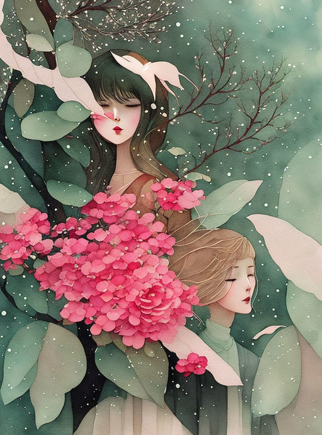 Ethereal female figures intertwined with floral motifs on snowflake backdrop