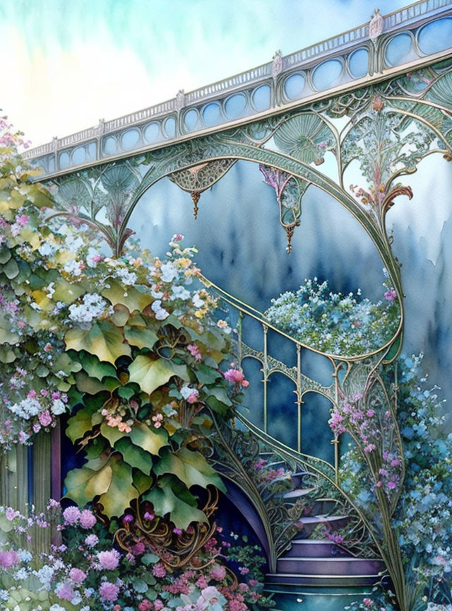 Ornate arched bridge painting with lush flowers