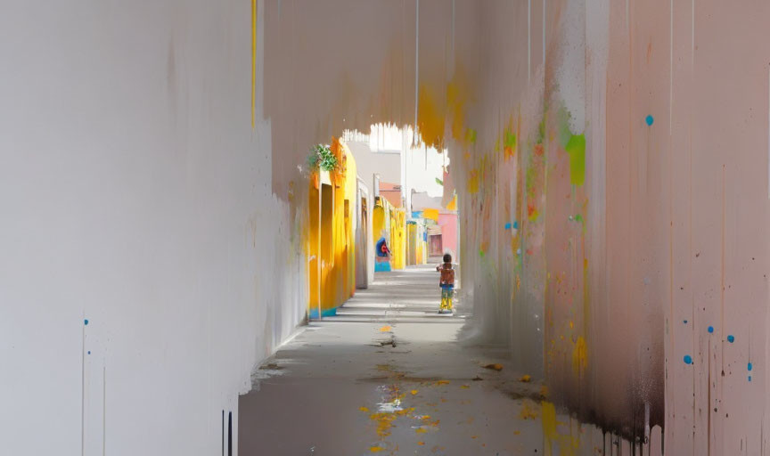 White-walled corridor with multicolored paint splatters and child in the distance