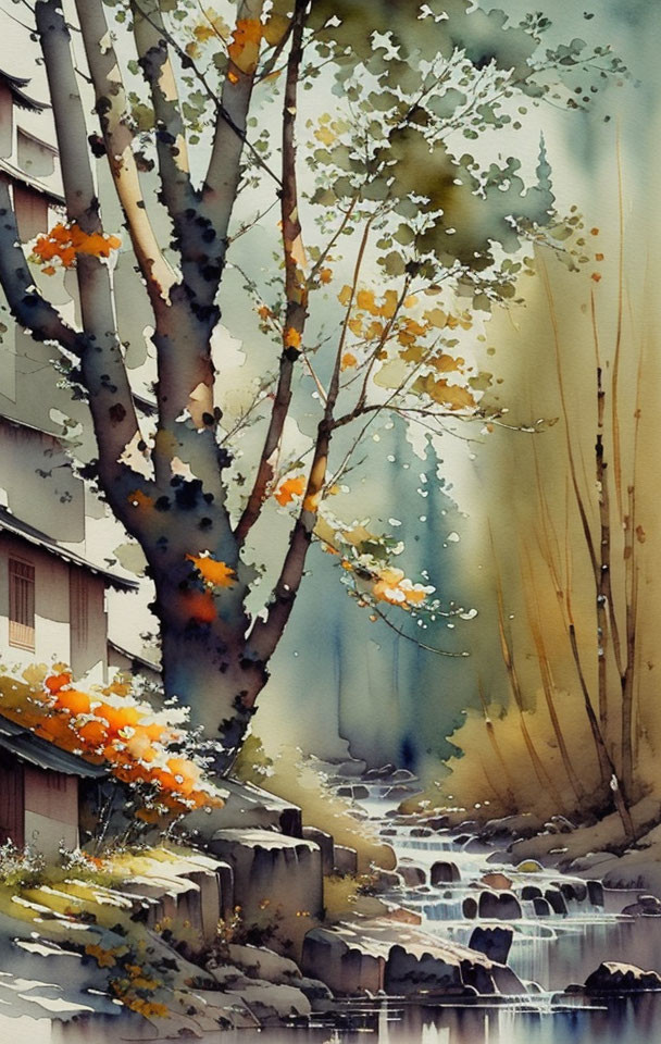 Tranquil watercolor painting of autumn nature scene with stream and structures