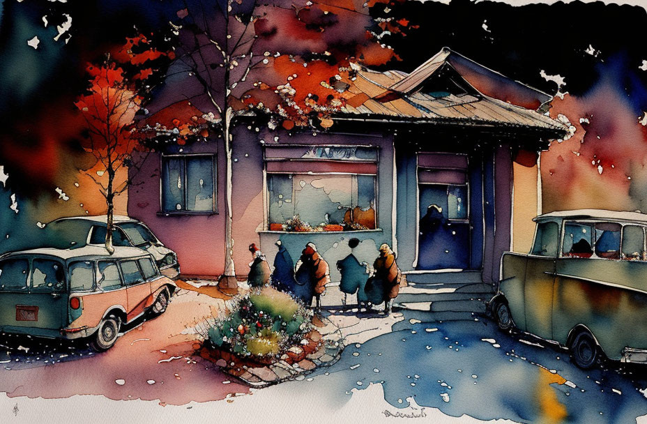 Colorful Watercolor Illustration of Suburban Winter Scene