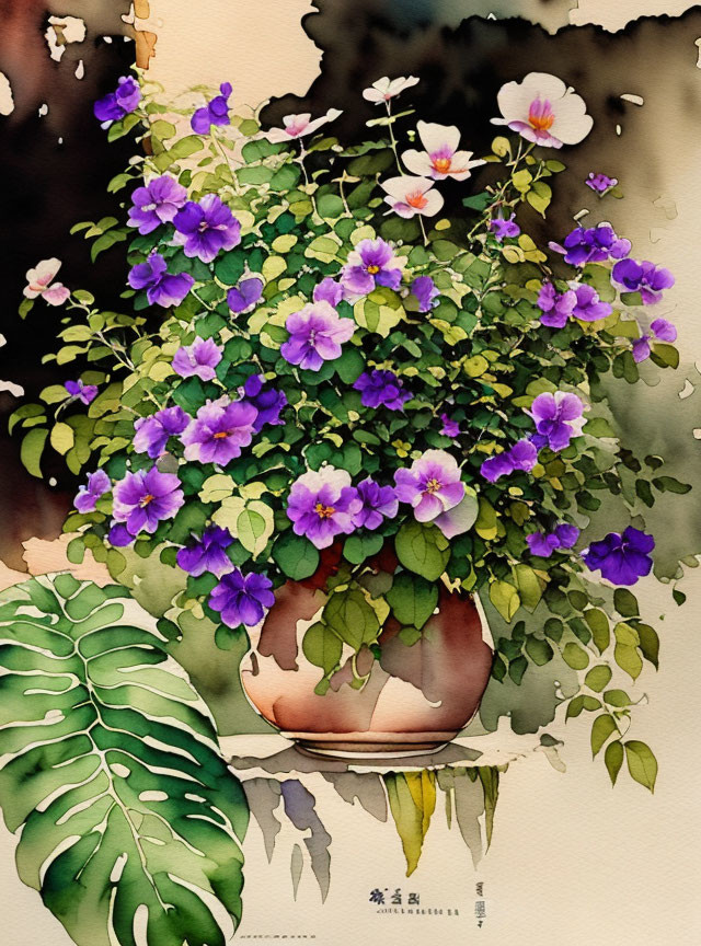 Lush Flowerpot Watercolor Painting with Purple and White Blooms