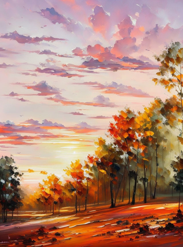 Colorful Autumn Landscape with Vibrant Trees and Sunset Sky