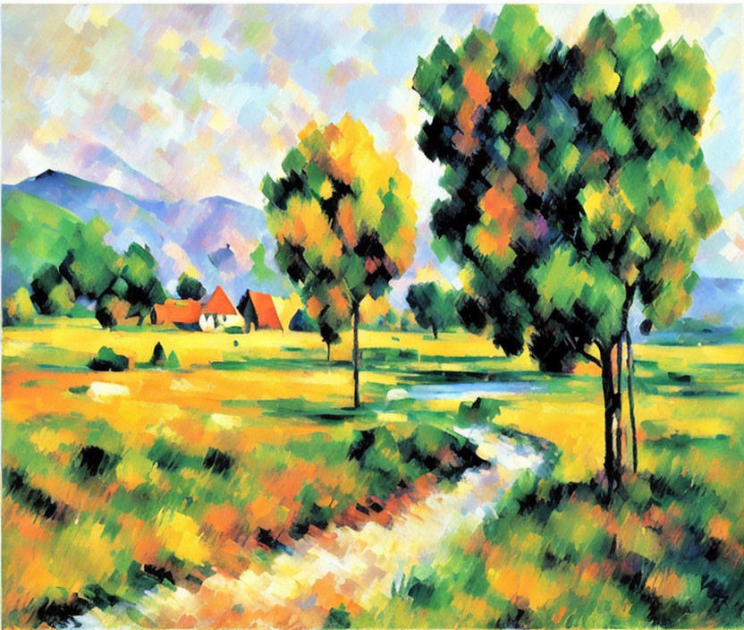 Vibrant Countryside Scene with Trees and Houses in Impressionist Style