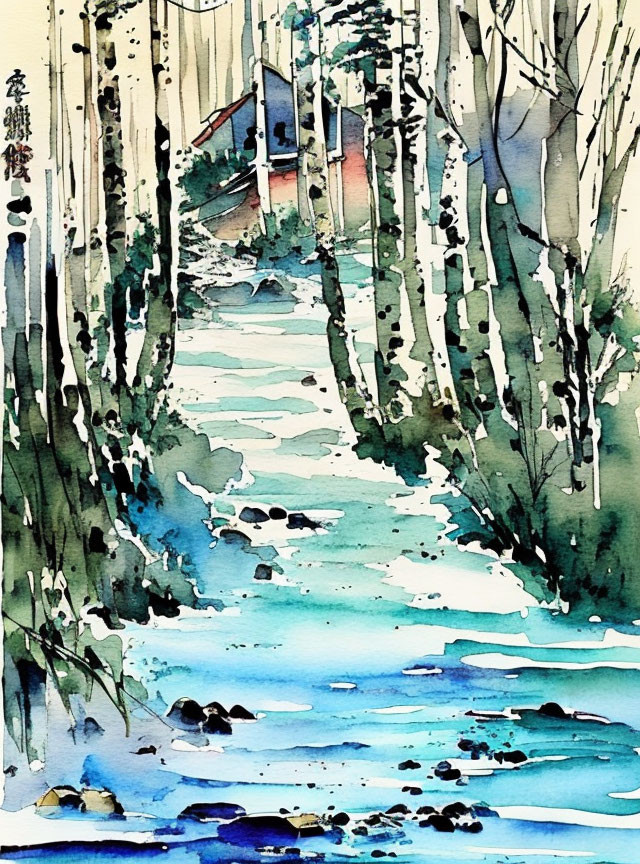 Tranquil stream in birch tree forest with cabin peeking through