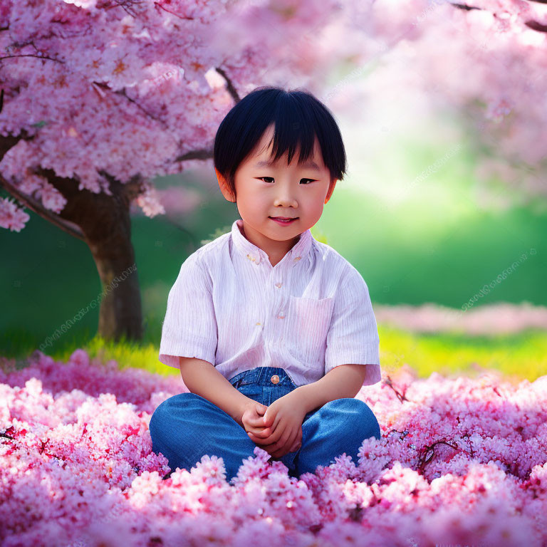 Child in striped shirt surrounded by pink cherry blossoms and lush greenery