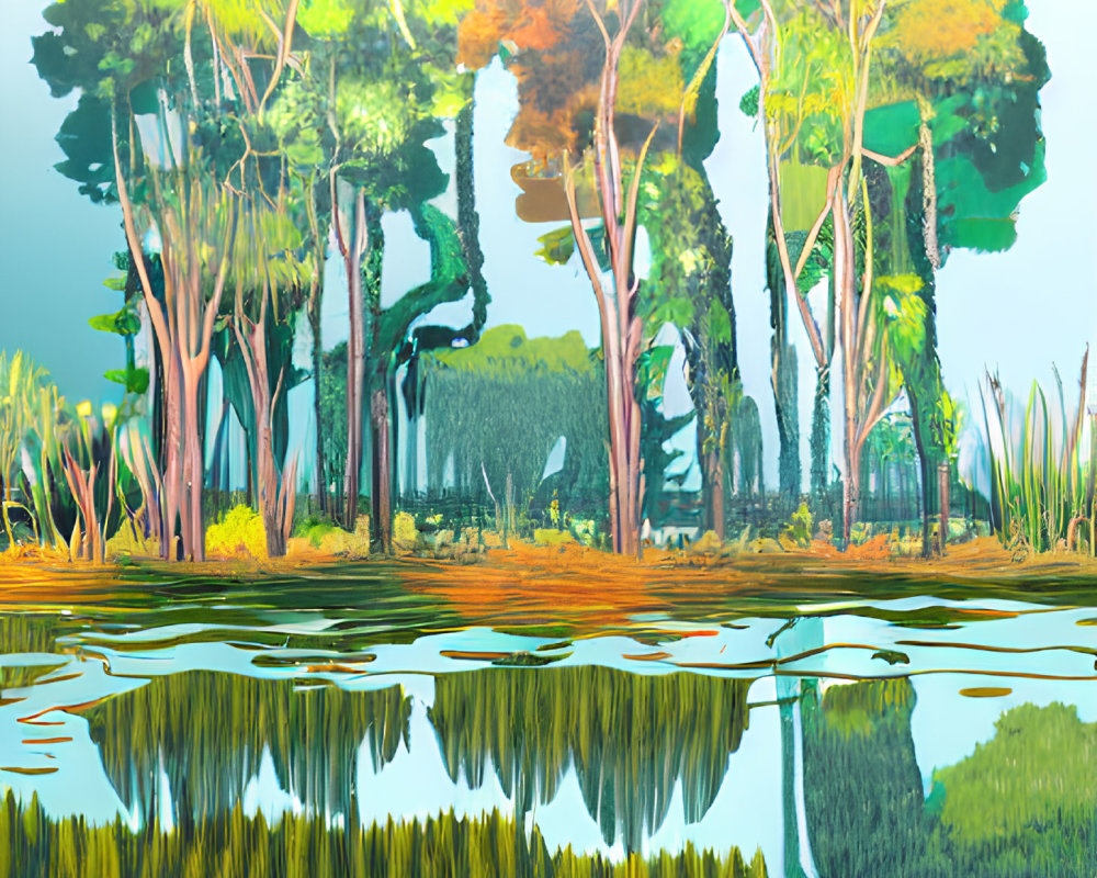 Stylized forest scene with lush greenery reflected on tranquil water surface