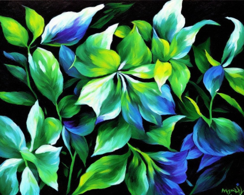 Green and White Floral Painting with Bold Contrasts