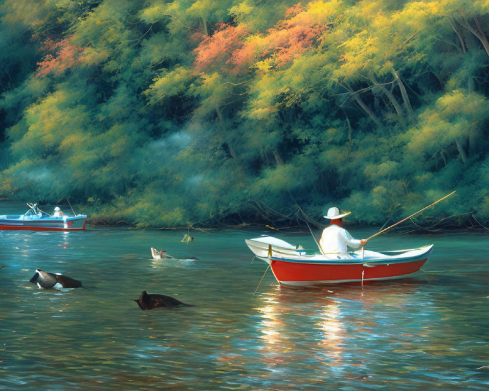 Tranquil painting of person fishing in red and white boat on calm waters