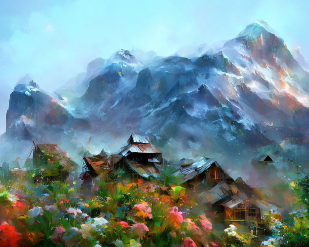 Vibrant painting of mountain village with lush flora and foggy peaks