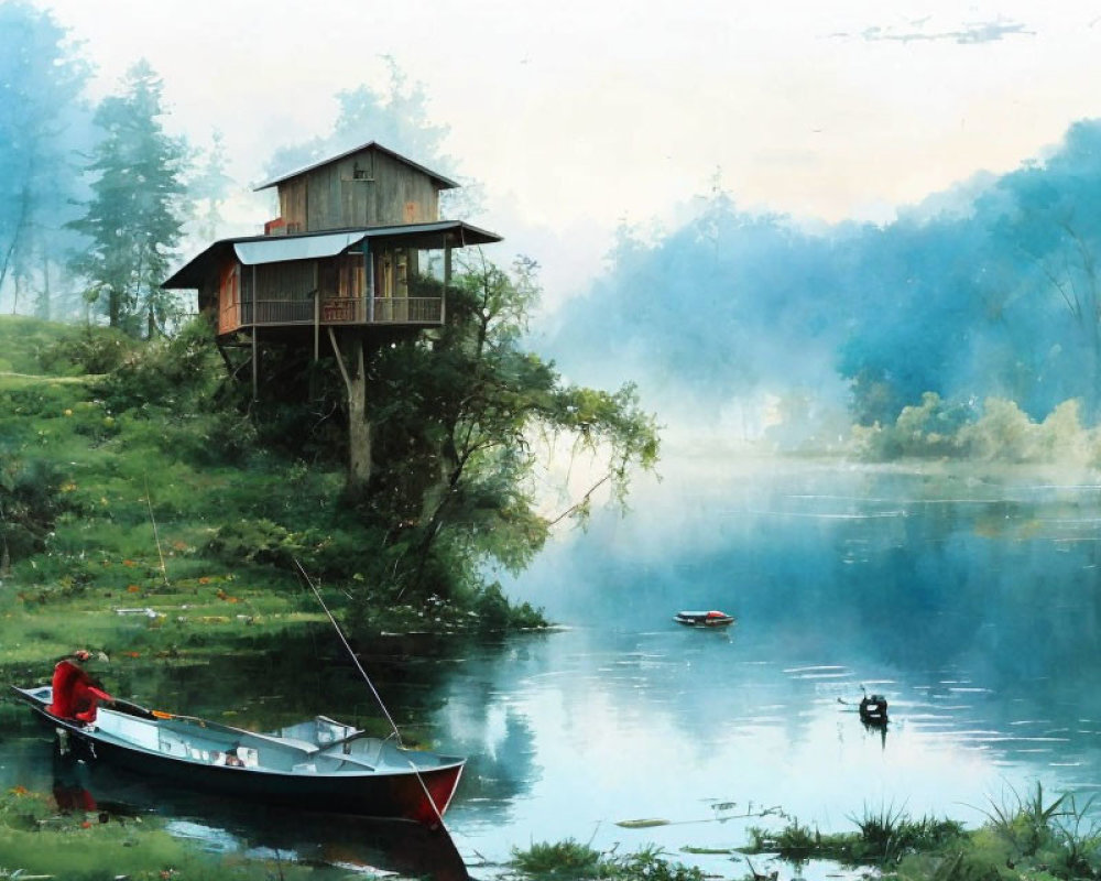 Tranquil lakeside landscape with fishing person and wooden cabin