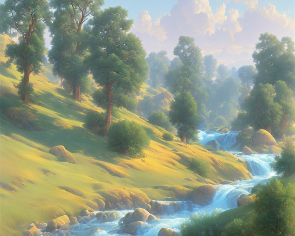 Tranquil landscape painting of a sunlit meadow with a gentle stream