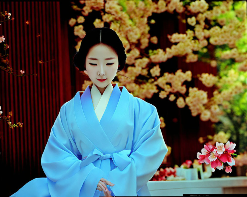 Traditional East Asian Attire Person Amid Pink Flowers and Wooden Structure