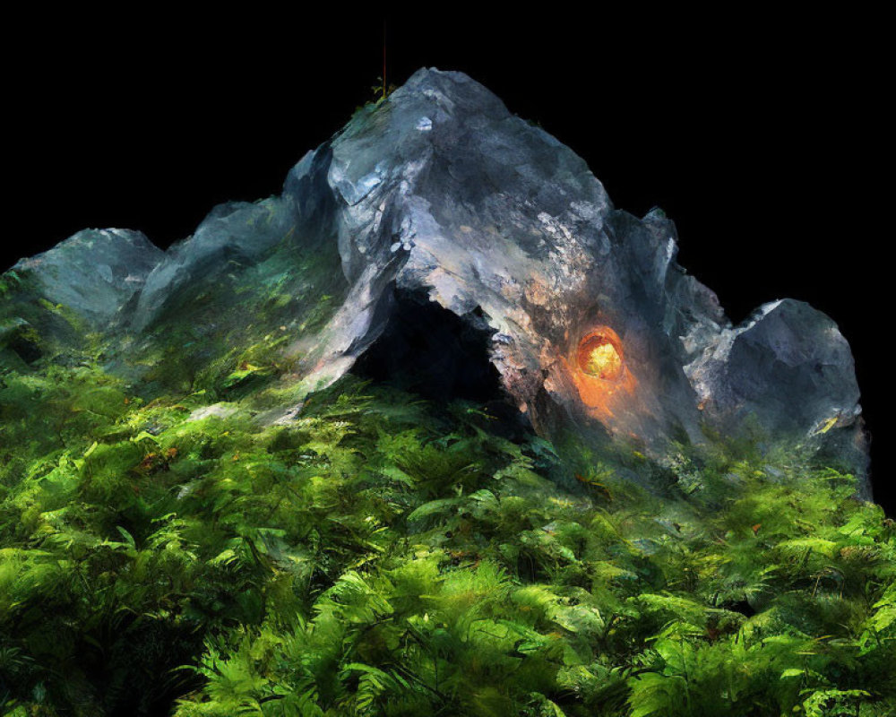 Mystical Mountain Cave with Glowing Entrance and Green Foliage