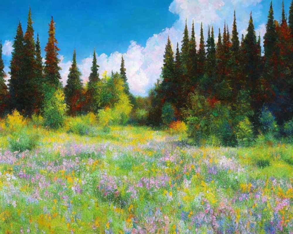 Colorful Wildflower Meadow Painting with Coniferous Trees & Blue Sky