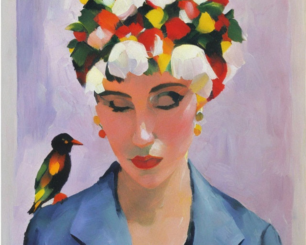 Woman with closed eyes wearing floral headdress and bird on shoulder on purple background