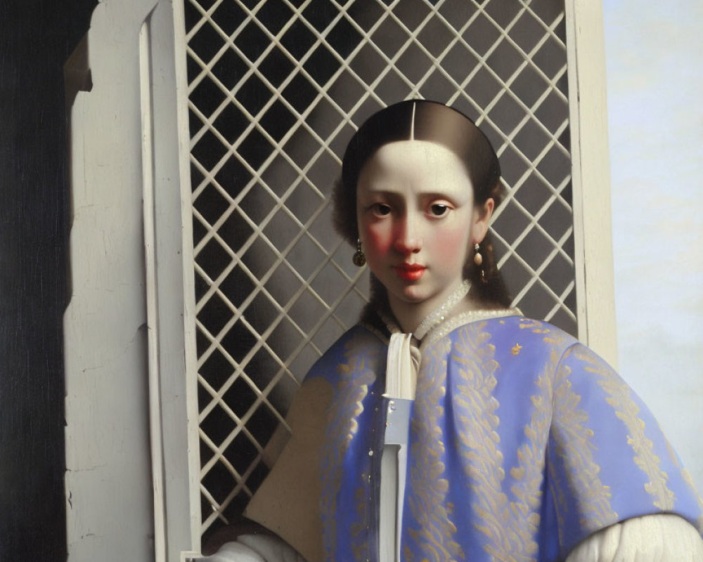 Portrait of Woman in Blue Dress with Gold Trim and Pearl Earring Standing Behind Lattice Window