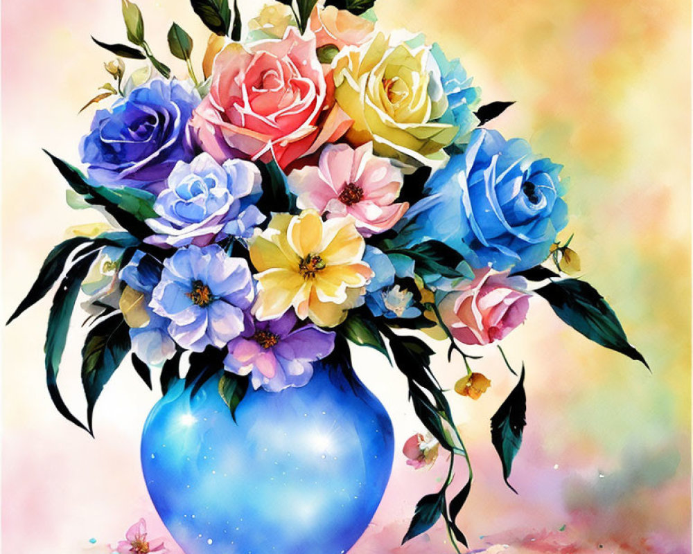 Colorful Watercolor Painting of Bouquet with Roses in Blue Vase