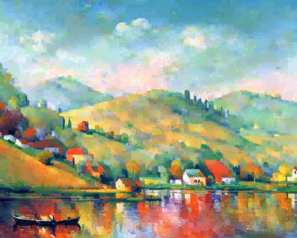Impressionistic pastoral landscape with calm river, boat, rolling hills, and serene sky