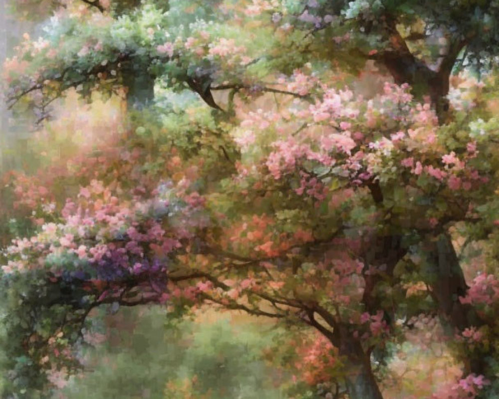 Tranquil forest painting with pink and green blooming trees