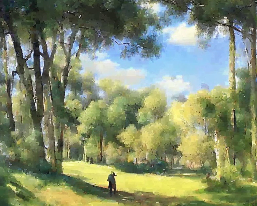 Tranquil painting of person in sunlit forest clearing