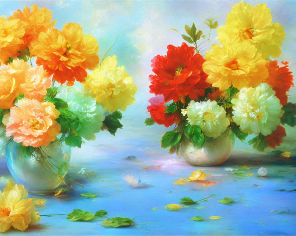 Colorful Still-Life Painting of Peonies in Vases on Blue Background