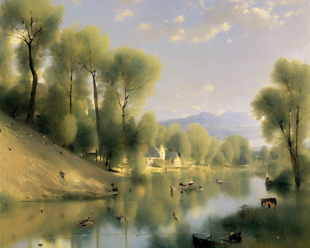 Rural river scene with boats, fishing people, cows, village, and mountains