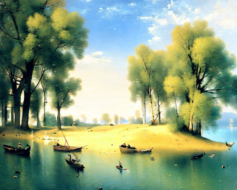 Boats and Trees Reflecting on Tranquil Lakeside Scene