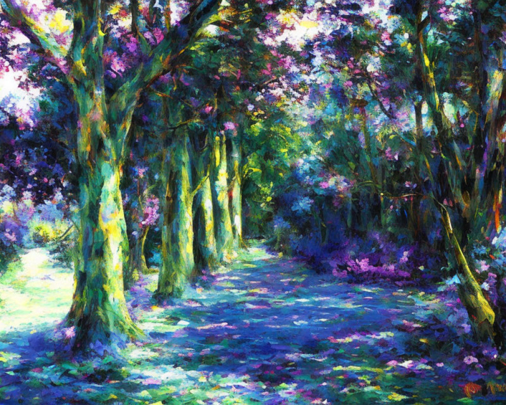 Impressionistic painting of sunlit forest with colorful flowers