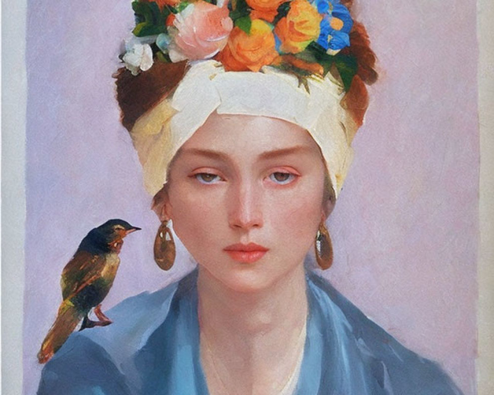 Portrait of a young woman with floral crown and bird, turquoise blouse, white headscarf