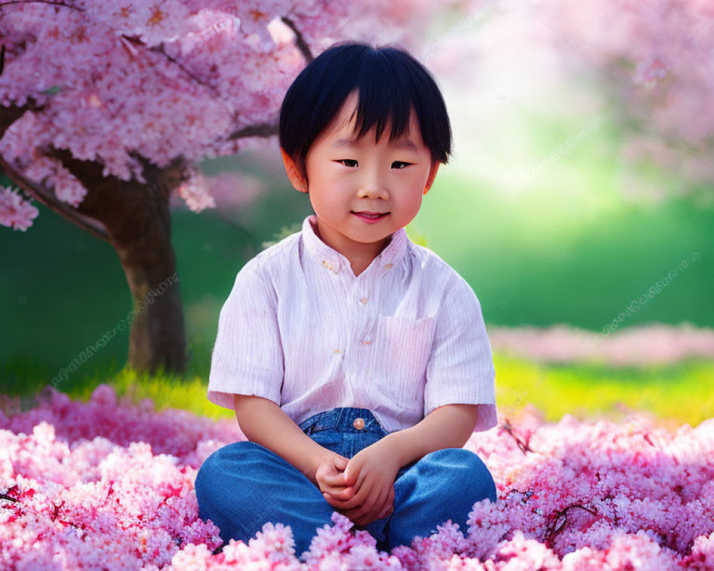 Child in striped shirt surrounded by pink cherry blossoms and lush greenery