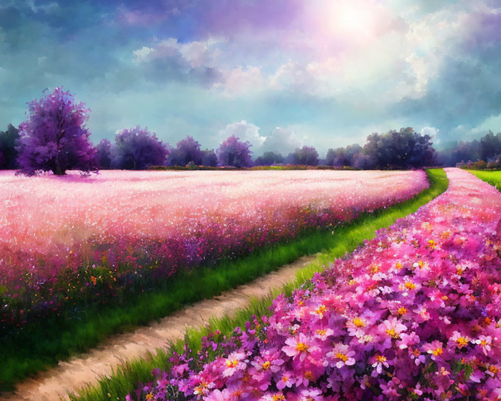 Colorful painting of blooming field with purple and pink flowers and winding path