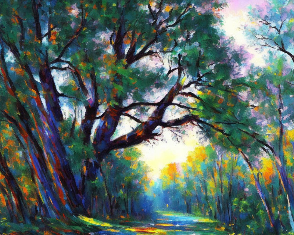 Colorful impressionist painting of sunlit forest path